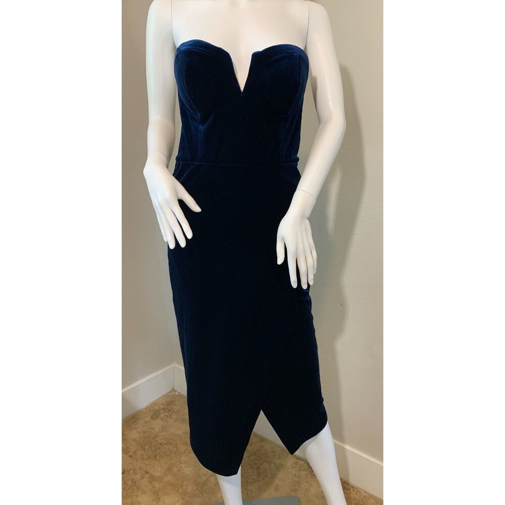 Yumi Kim Velvet Allure Navy Strapless Bustier Midi Dress M